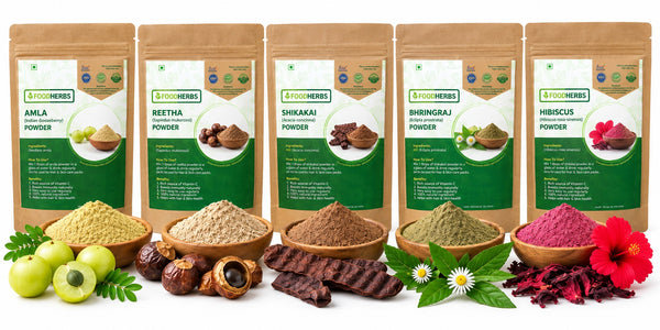 FOODHERBS five-herb hair care kit with Amla, Reetha, Shikakai, Bhringraj and Hibiscus powders, 5 × 100 g