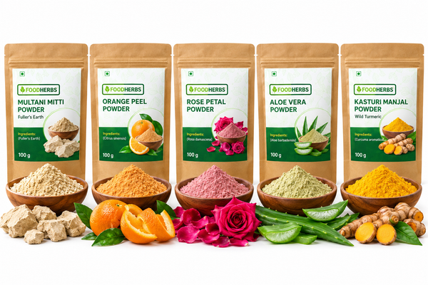 AI-generated catalogue mockup of five FOODHERBS-style 100 g pouches: Multani Mitti, Orange Peel, Rose Petal, Aloe Vera and Kasturi Manjal powders.