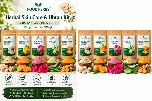 AI-generated catalogue mockup of five FOODHERBS-style 100 g pouches: Multani Mitti, Orange Peel, Rose Petal, Aloe Vera and Kasturi Manjal powders.